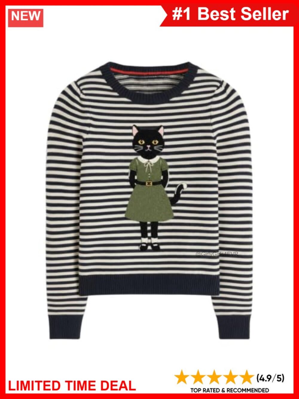 Women's Knit Long Sleeve T-Shirt Retro Embroidered Cat Casual Top